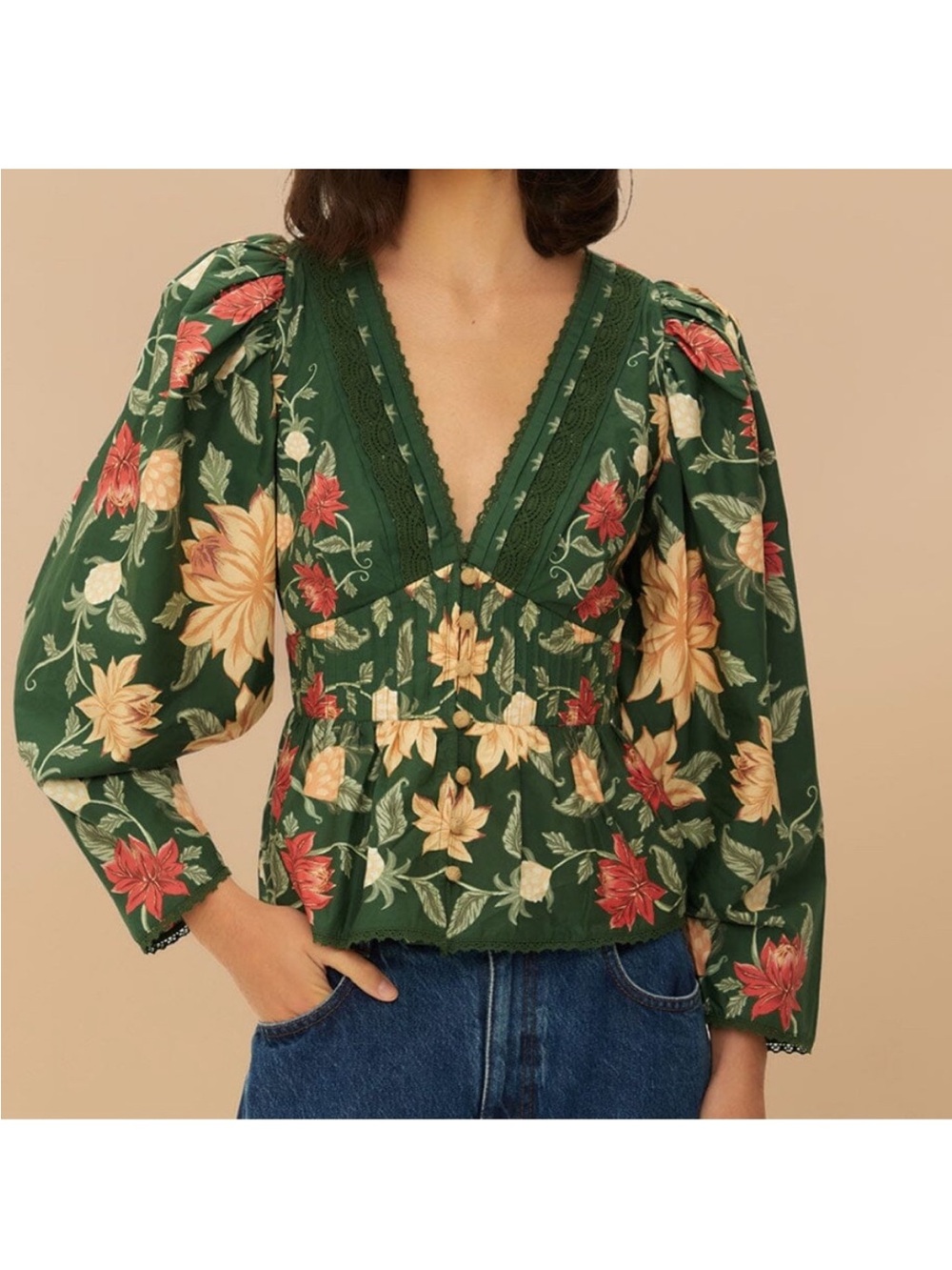 FARM Rio Green Floral Peplum Blouse with Pink and Cream Flowers - Picture 3 of 10